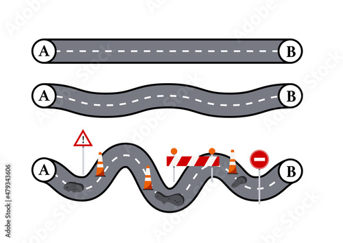 Plan A B and real life road concept.  Map smooth route from A to B vs messy real life challenge with broken asphalt pit, traffic cone and warning road sign. Flat vector illustration. Top view.