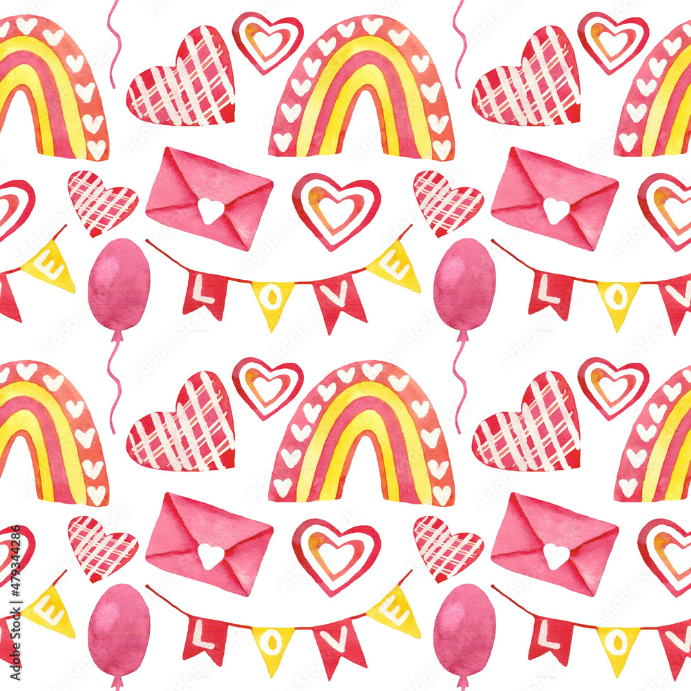 Hearts , rainbow , envelope . An air balloon and a stretch of flags . Seamless watercolor pattern . For Valentine 's Day . Harvesting on February 14 . Pink yellow pattern . printed products 