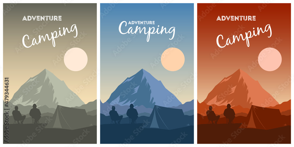 Sunset and sunrise in the mountains. Silhouettes of men looking on sun, landscape and horizon. Vector cards set illustration of camping, adventure tourism and travel, discovery, exploration, outdoor.