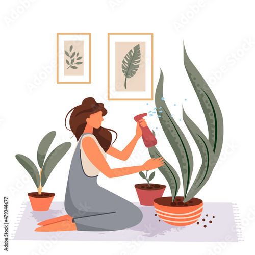 The girl sprinkles flowers. Growing and caring for plants. Vector illustration.