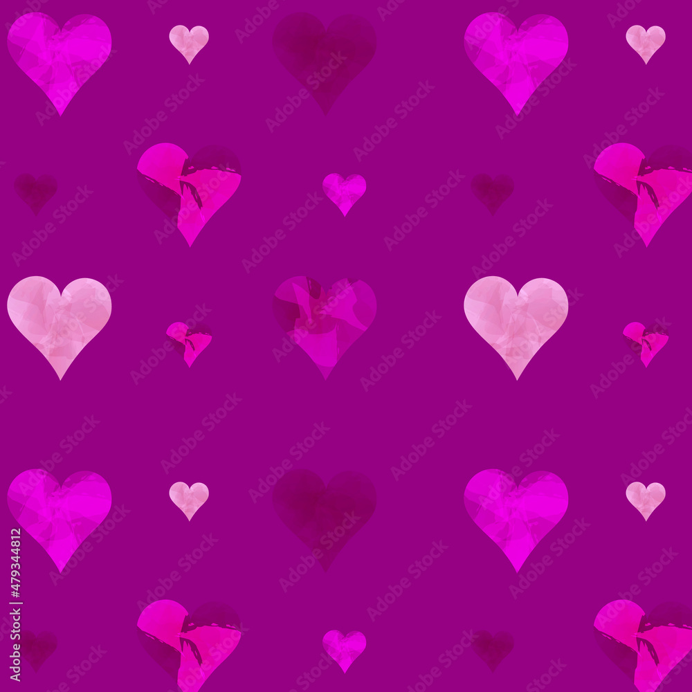 Luxury vector seamless pattern of dark magenta glass hearts. Valentines day