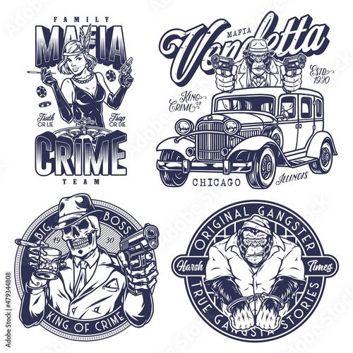 Mafia black and white emblems set