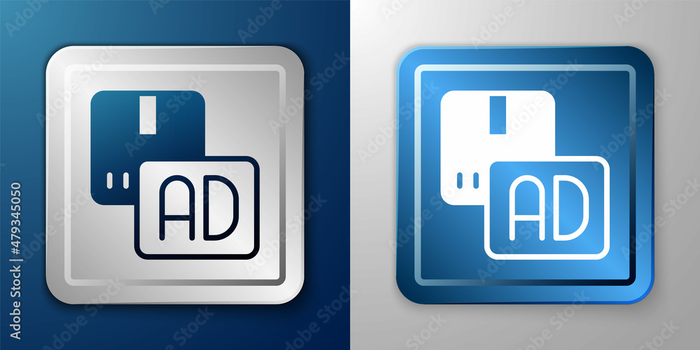 White Advertising icon isolated on blue and grey background. Concept of marketing and promotion process. Responsive ads. Social media advertising. Silver and blue square button. Vector White Advertising icon isolated on blue and grey background. Concept of marketing and promotion process. Responsive ads. Social media advertising. Silver and blue square button. Vector