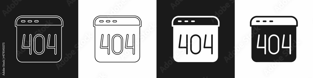Set Page with a 404 error icon isolated on black and white background. Template reports that the page is not found. Vector Set Page with a 404 error icon isolated on black and white background. Template reports that the page is not found. Vector