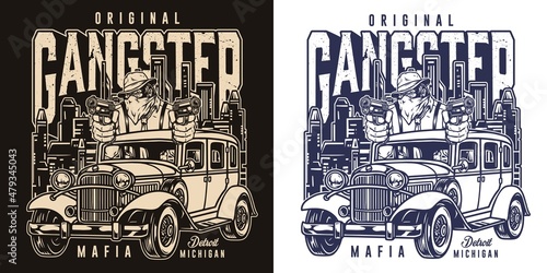 Monochrome label with gorilla gangster in car