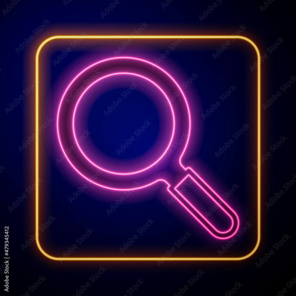 Glowing neon Magnifying glass icon isolated on black background. Search, focus, zoom, business symbol. Vector Glowing neon Magnifying glass icon isolated on black background. Search, focus, zoom, business symbol. Vector