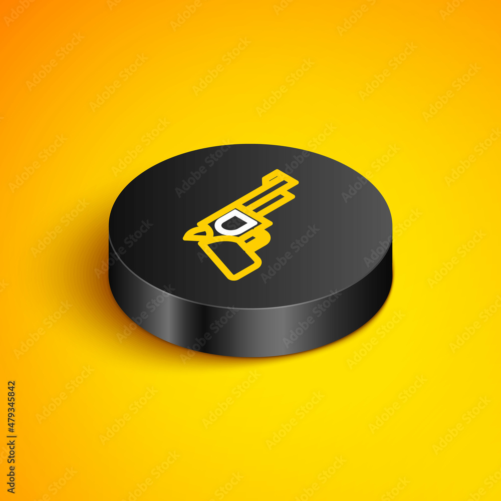 Isometric line Pistol or gun icon isolated on yellow background. Police or military handgun. Small firearm. Black circle button. Vector Isometric line Pistol or gun icon isolated on yellow background. Police or military handgun. Small firearm. Black circle button. Vector