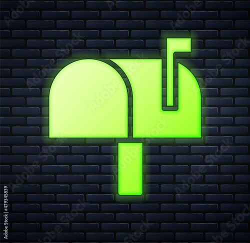 Glowing neon Mail box icon isolated on brick wall background. Mailbox icon. Mail postbox on pole with flag. Vector