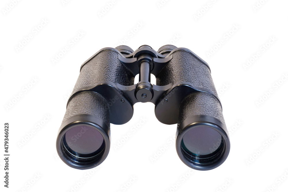 Black binocular isolated on a white background, front view. Equipments for hunters, travelers, explorers and discoverers. Black binocular isolated on a white background, front view. Equipments for hunters, travelers, explorers and discoverers.