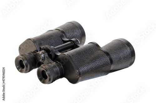 Black binocular isolated on a white background, back view. Equipments for hunters, travelers, explorers and discoverers.