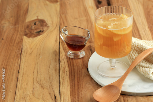 Yuzu Tea Made from Yuzu Citrus Jam and Honey. Yuja-Chhong is a Marmalade made from Yuzu Zest, Juice,  and Honey. photo