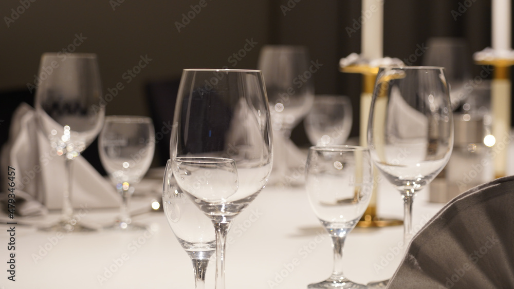 Business meeting room with wine and water glasses in a hotel in Berlin, Germany.