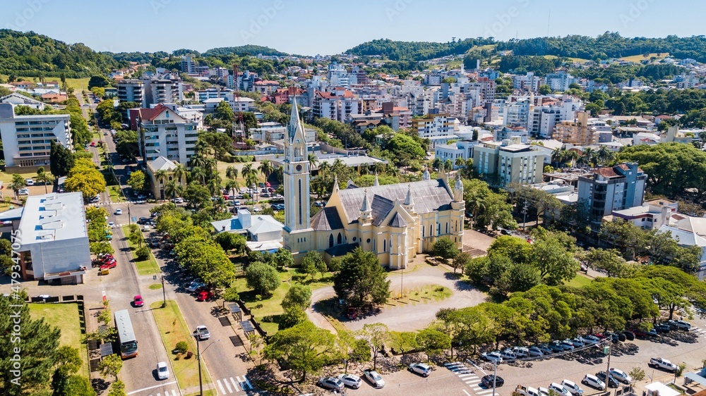 Fototapeta premium Nova Prata RS. Aerial view of the church and city of Nova Prata, Rio Grande do Sul