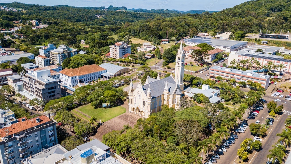 Nova Prata RS. Aerial view of the church mother of Nova Prata, Rio Grande do Sul