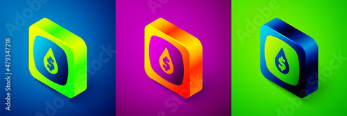 Isometric Oil drop with dollar symbol icon isolated on blue, purple and green background. Oil price. Oil and petroleum industry. Square button. Vector