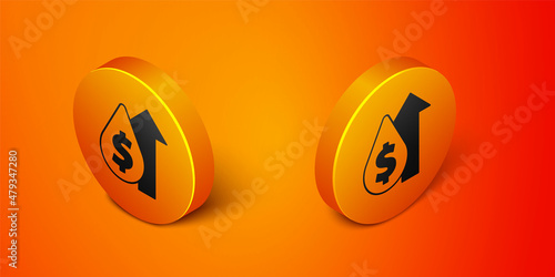Isometric Oil price increase icon isolated on orange background. Oil industry crisis concept. Orange circle button. Vector