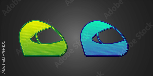 Green and blue Racing helmet icon isolated on black background. Extreme sport. Sport equipment. Vector