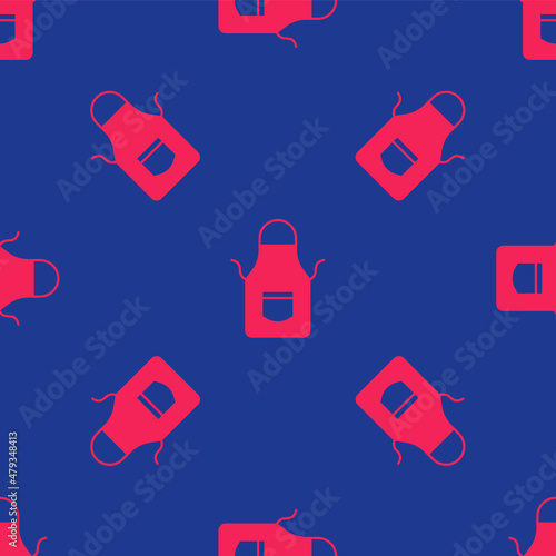 Red Blacksmith apron icon isolated seamless pattern on blue background. Protective clothing and tool worker. Vector