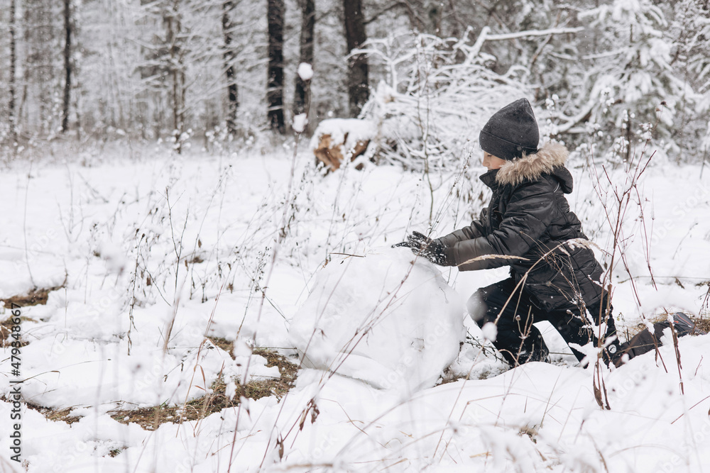 Happy child rolling big snowball for snowman in snowy winter forest. Teenager boy playing and having fun on walking in frosty day. Wintertime activity outdoors.