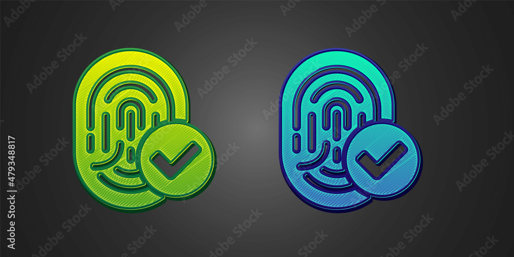 Green and blue Fingerprint icon isolated on black background. ID app icon. Identification sign. Touch id. Vector Green and blue Fingerprint icon isolated on black background. ID app icon. Identification sign. Touch id. Vector
