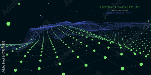 Abstract background with polygonal noisy grid connecting dots on dark. Analytics data algorithms. Big Data. Quantum concept. Banner horizontal for business, science and technology.