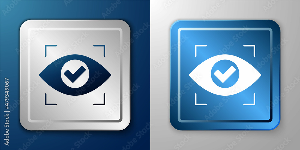 White Eye scan icon isolated on blue and grey background. Scanning eye. Security check symbol. Cyber eye sign. Silver and blue square button. Vector White Eye scan icon isolated on blue and grey background. Scanning eye. Security check symbol. Cyber eye sign. Silver and blue square button. Vector