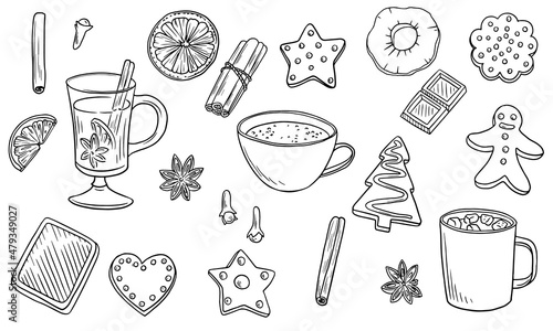vector drawing christmas set of drinks, species and cookies,, new year decor, hand drawn illustration photo
