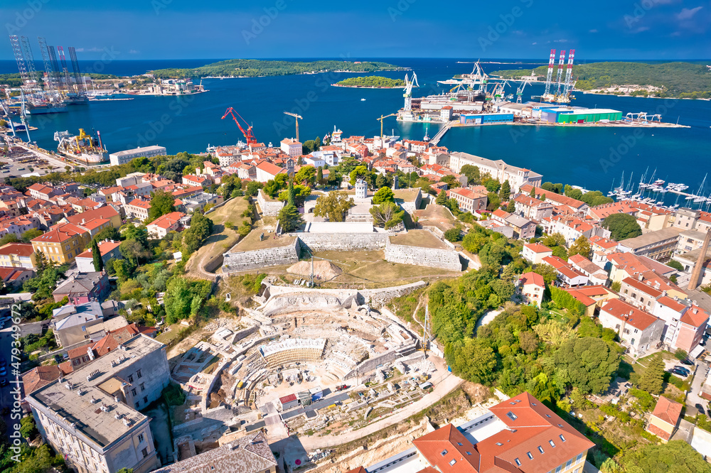 Pula, Istria. Defense fortress and bay of Pula aerial view