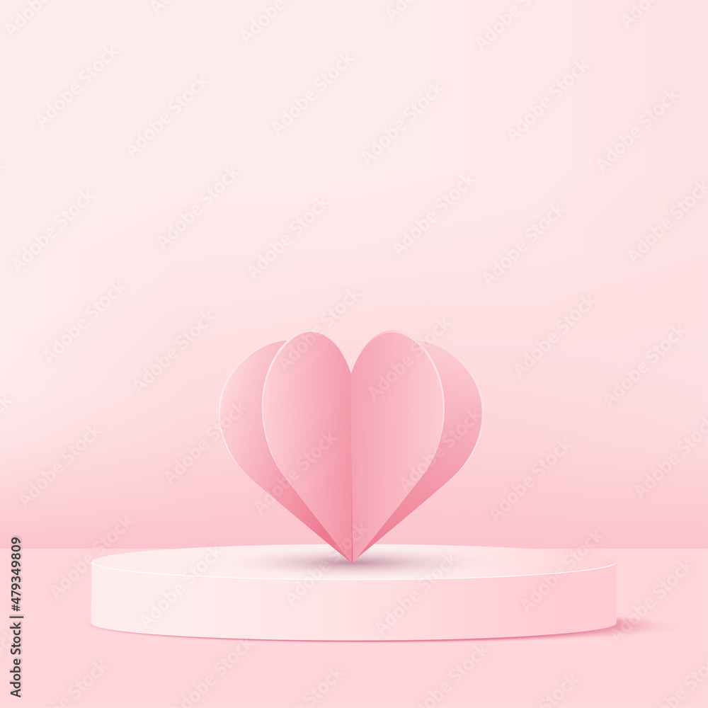 Concept of love and Valentine day with 3d pink heart and podium. Vector.