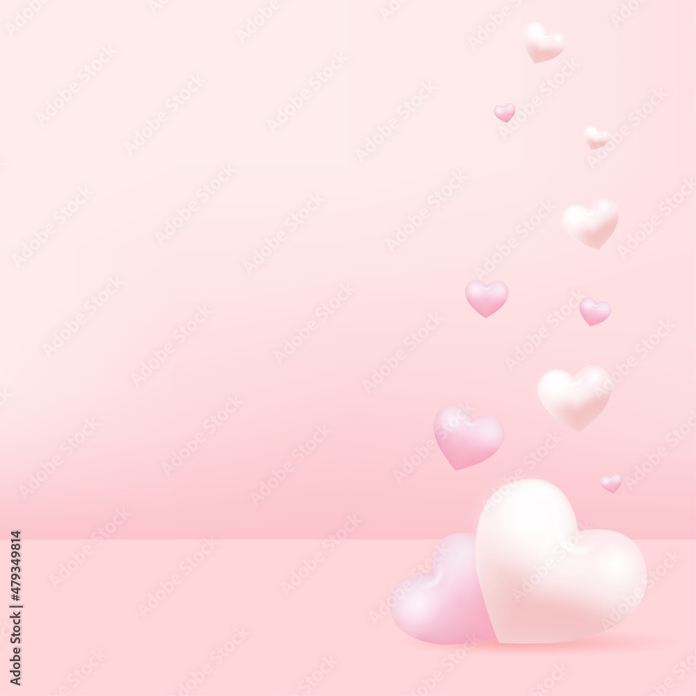 Concept of love and Valentine day with 3d pink hearts. Vector.