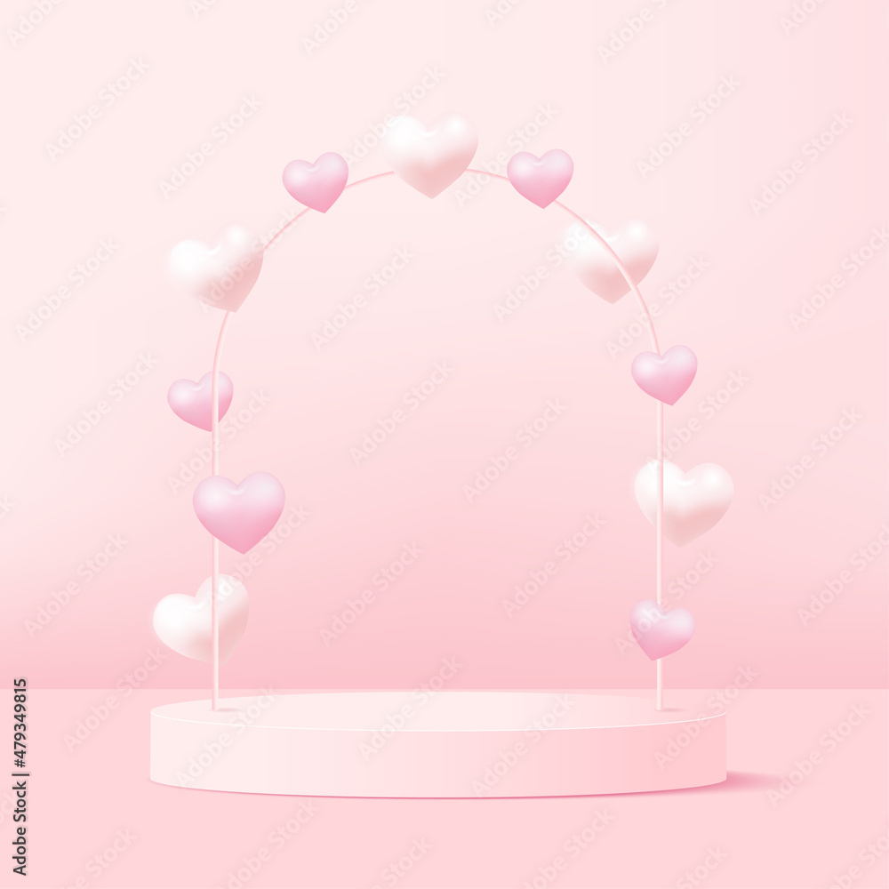 Concept of love and Valentine day with 3d pink heart and podium. Vector.