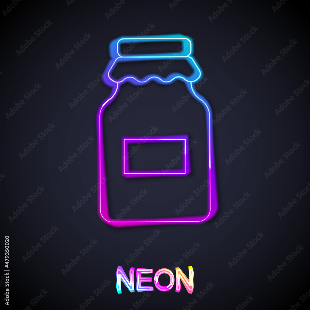 Glowing neon line Jar of honey icon isolated on black background. Food bank. Sweet natural food symbol. Vector Glowing neon line Jar of honey icon isolated on black background. Food bank. Sweet natural food symbol. Vector