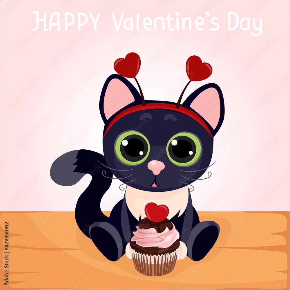 Fototapeta premium Happy Valentines Day. Cat. Heart. Love Greeting card. Flat design style. Vector illustration.