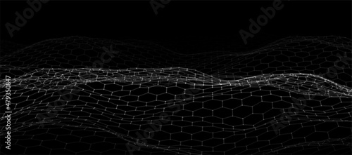 Futuristic black hexagon dynamic wave. Futuristic honeycomb concept. Digital technology web flow. Big data visualization. Vector Illustration.