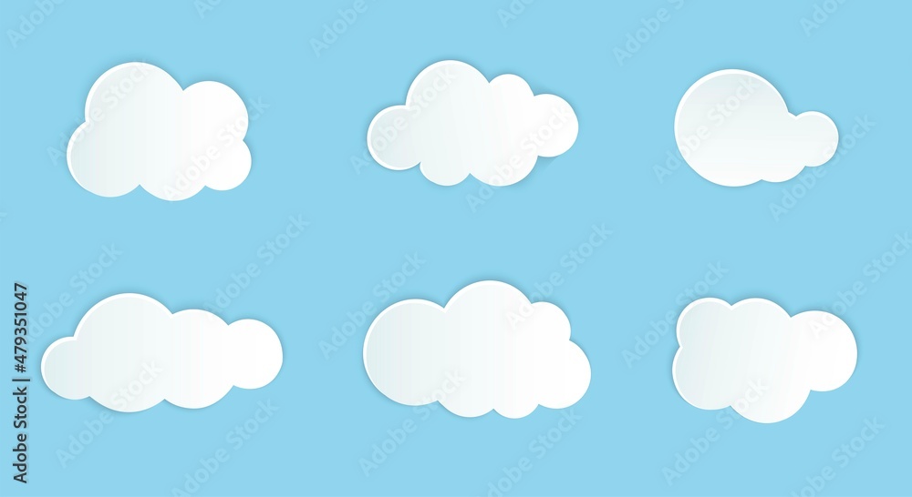 White cloud on a blue background. Set of isolated icons for design poster, cover, banner in cartoon style. Vector illustration.