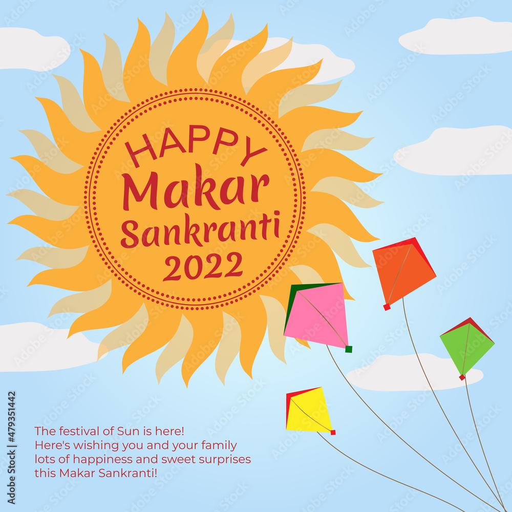 Happy Makar Sankranti 2022 greeting card with flying kites and wishes