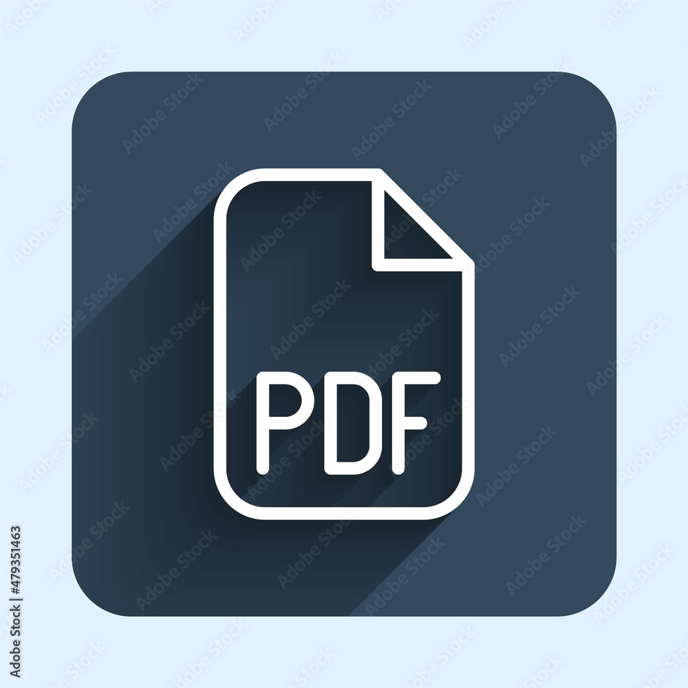 White line PDF file document. Download pdf button icon isolated with long shadow background. PDF file symbol. Blue square button. Vector White line PDF file document. Download pdf button icon isolated with long shadow background. PDF file symbol. Blue square button. Vector