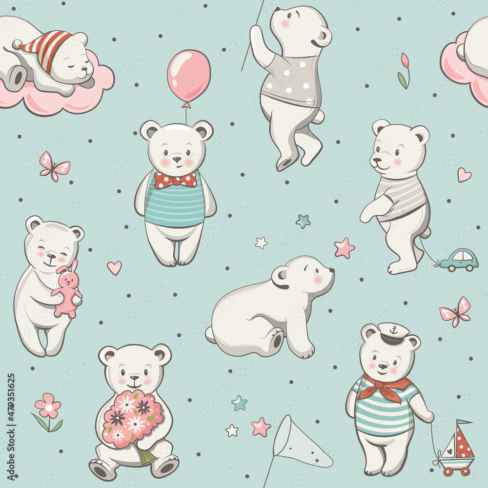 Cute animal pattern with bears, seamless childish background