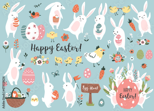 Easter set with cute bunnies, chickens, and easter eggs. Perfect for scrapbooking, sticker kit, tags, greeting cards, party invitations. Hand drawn vector illustration. © Colorlife
