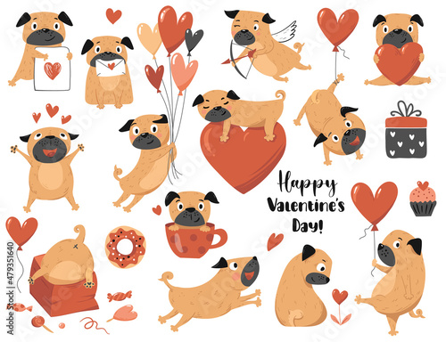 Valentine's day stickers with cute pug. Love romantic set.