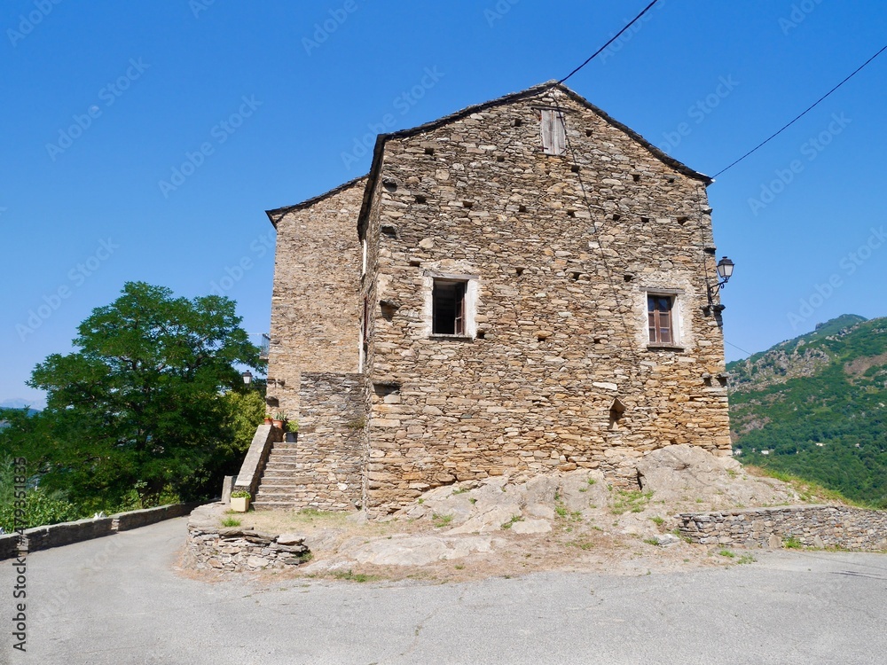 Traditional stone house in Campi, a dreamy mountain village nestled in the mountains of Bravone valley, France.