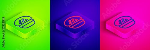 Isometric line Taxi driver cap icon isolated on green, blue and pink background. Square button. Vector