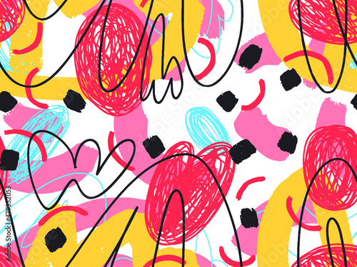 Seamless abstract doodle background pattern in bright summer positive colors. Hand-drawn abstract pattern with randomly arranged spots and dots and lines. Pencil and paint texture.