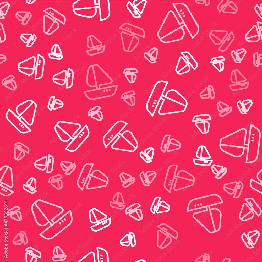 White line Yacht sailboat or sailing ship icon isolated seamless pattern on red background. Sail boat marine cruise travel. Vector White line Yacht sailboat or sailing ship icon isolated seamless pattern on red background. Sail boat marine cruise travel. Vector