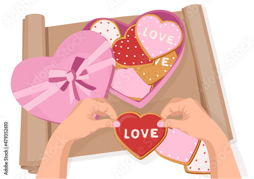 Gingerbread heart. Holiday cookie in shape of heart. Illustration for valentine's day, wedding. Vector illustration