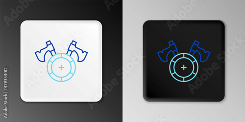 Line Medieval shield with crossed axes icon isolated on grey background. Battle axe, executioner axe. Colorful outline concept. Vector