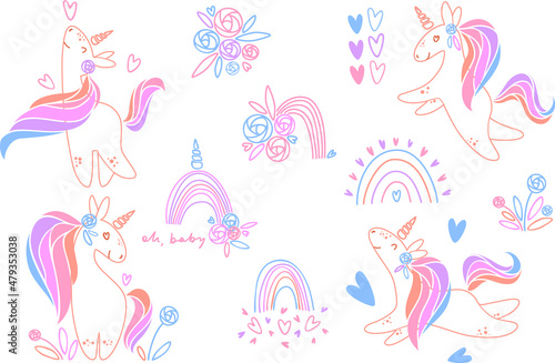 Cute unicorn set with rainbows, flowers and hearts in candy colors for kids designs