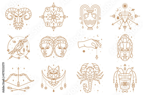 Esoteric and zodiacal symbols. Vector illustration. Outline icon for alchemy, sacred geometry. Mystic or magic design with zodiac sign.