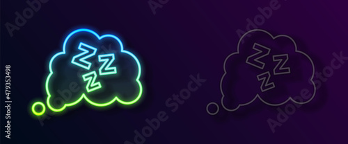 Glowing neon line Sleepy icon isolated on black background. Sleepy zzz talk bubble. Vector