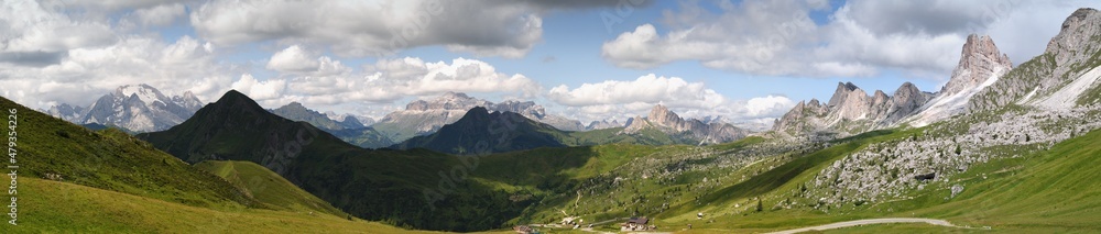 Beautiful panoramic view from Passo Giau. Passo Giau connects Cortina d'Ampezzo to Selva di Cadore in the province of Belluno. Veneto Italy.